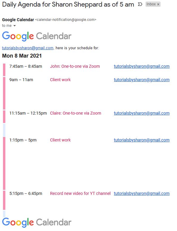 How to get your Google Calendar agenda emailed to you daily Sharon's