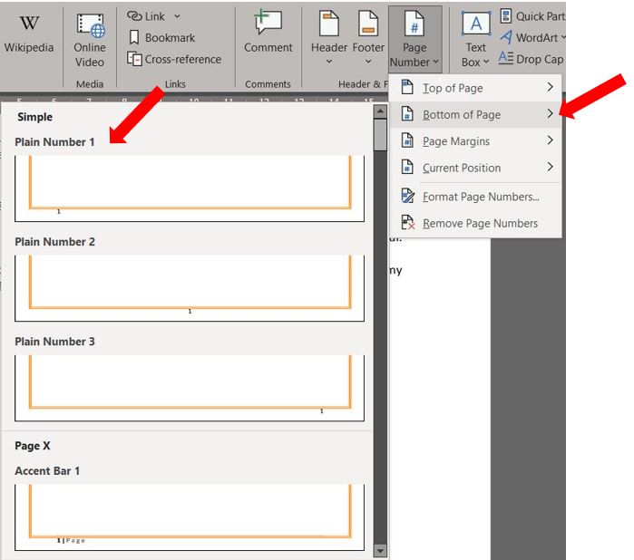 how to format page numbers in word for a report