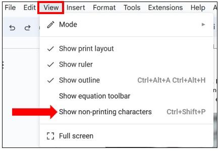 shows menu of View options with arrow pointing to 